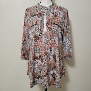 Bepei Size XL Tunic Top Zip Front Faux Pockets 3/4 Roll Tab Sleeve Poly Blend